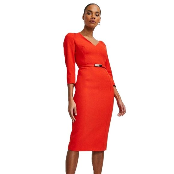 *NWT* Karen Millen Red "Forever" Structured Crepe Bar Belt Midi Dress - Size 4 - Picture 3 of 16